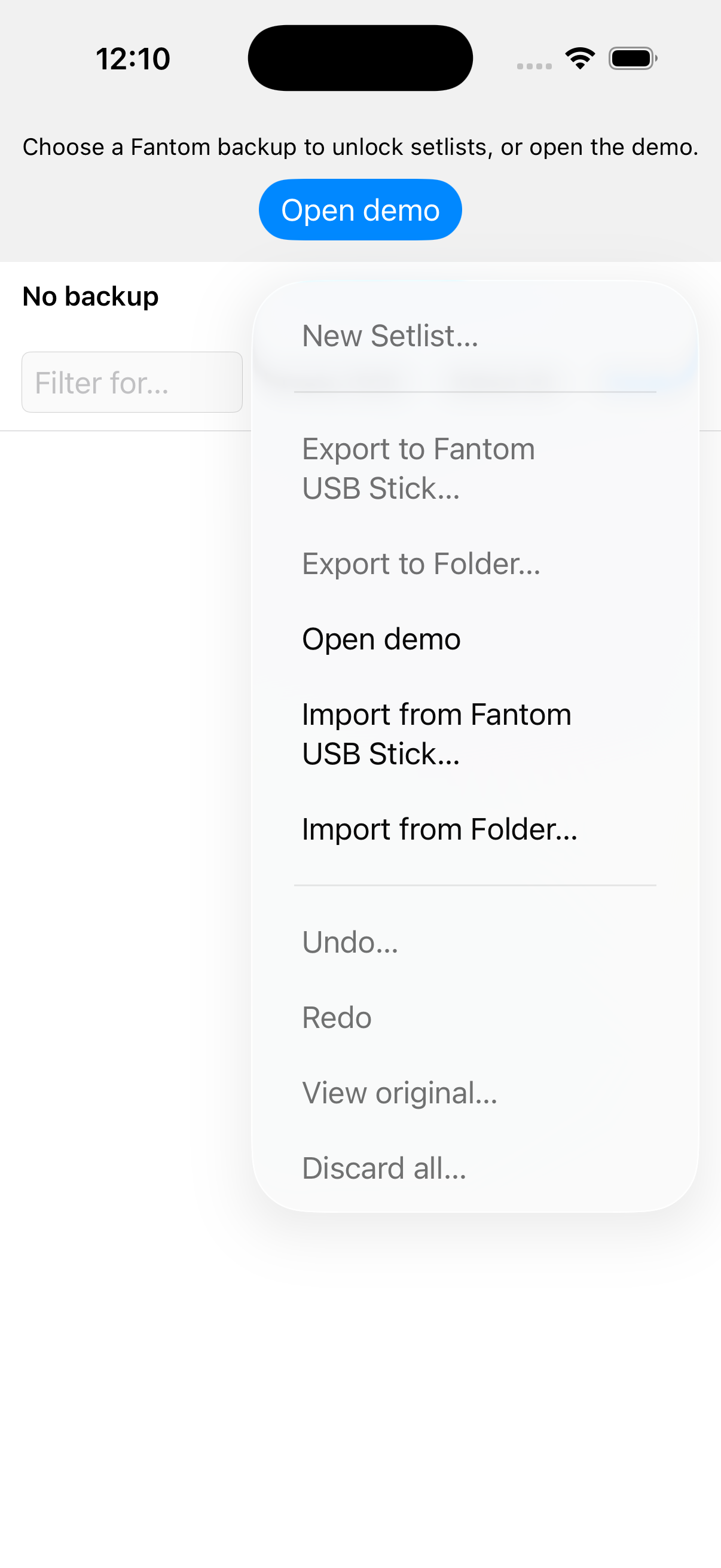 Session menu with no backup