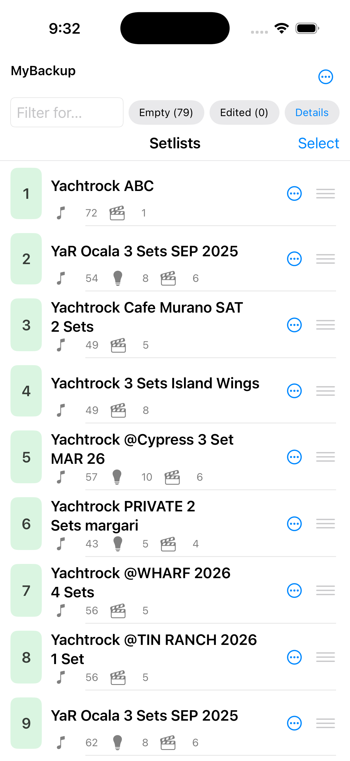 Setlist list with Details showing song, cue, and set counts