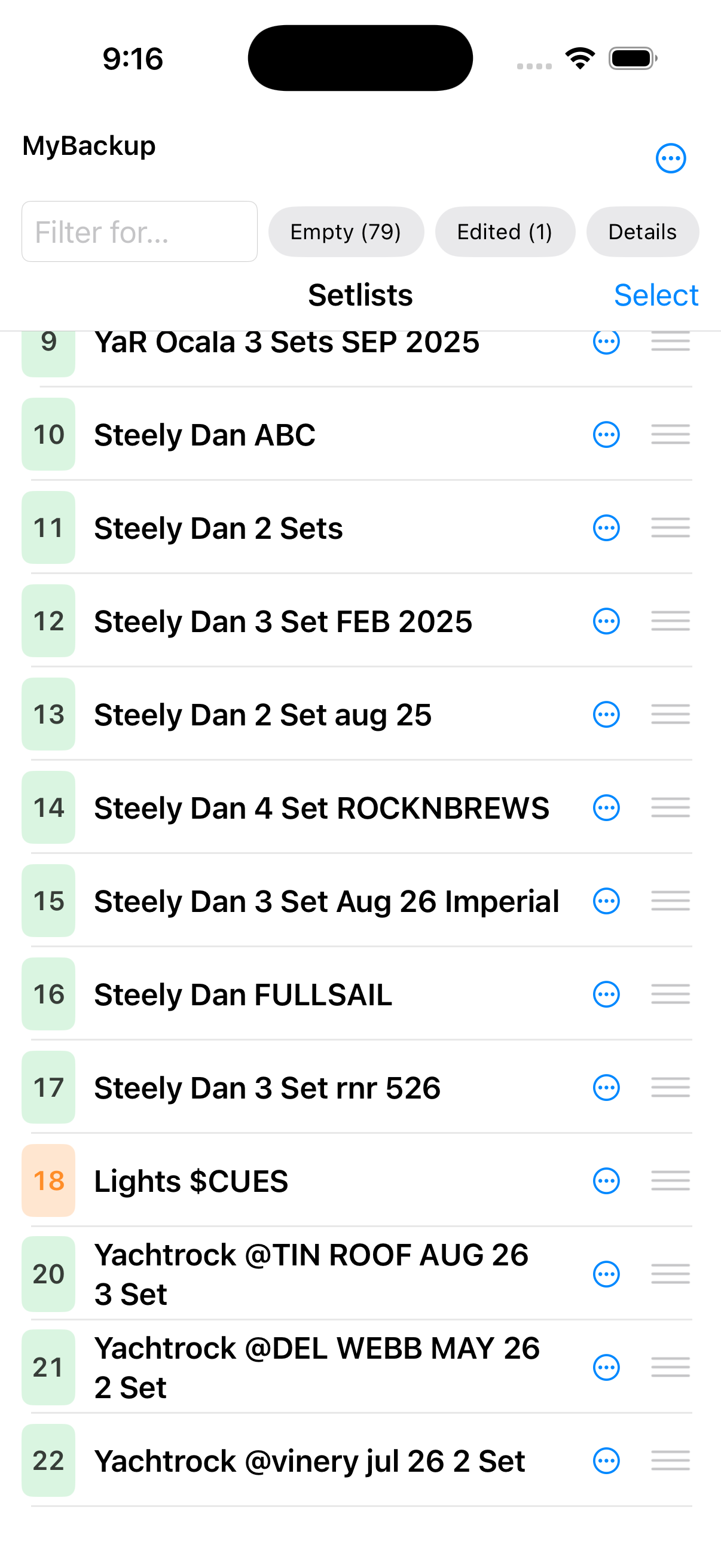 Setlist list scrolled to Lights $CUES in slot 18