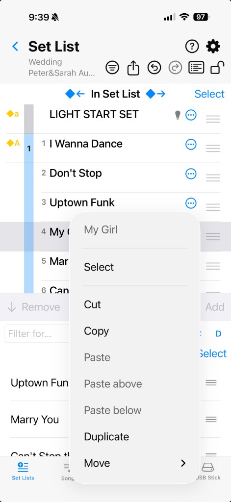 Context menu in set list