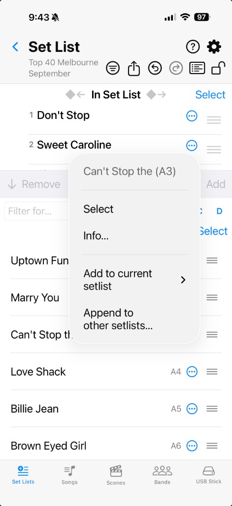 Scene context menu