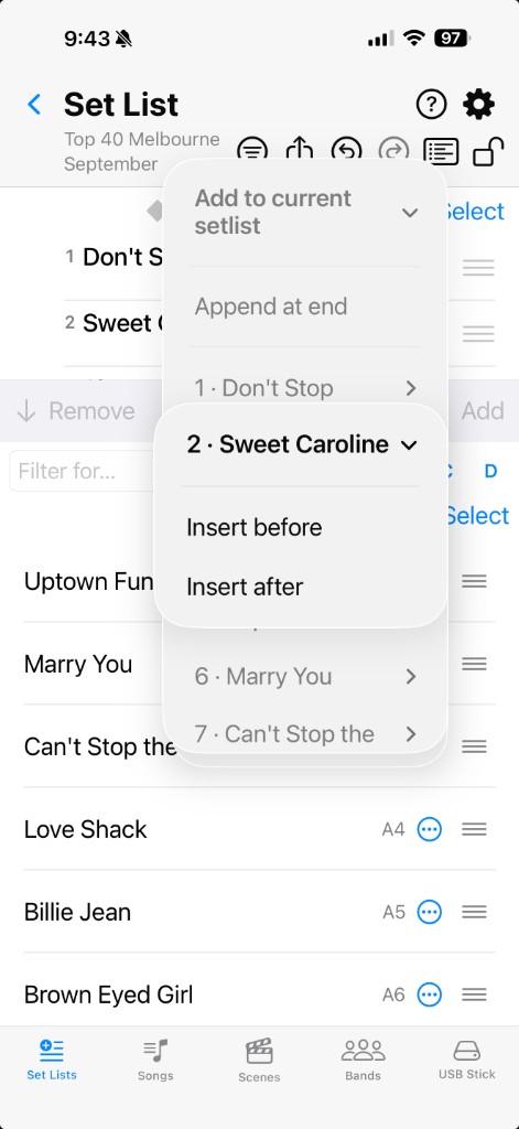 Add to current setlist