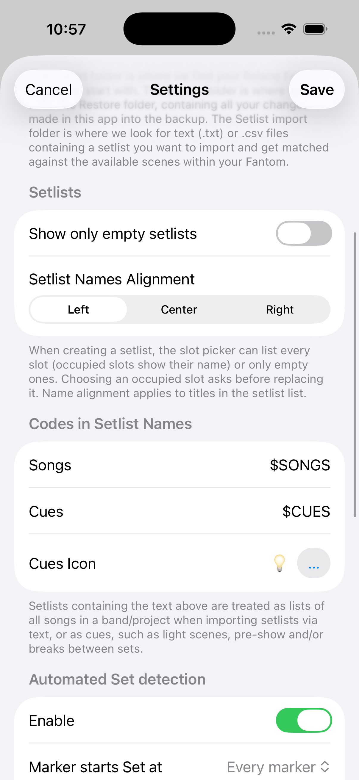 Settings Codes in Setlist Names