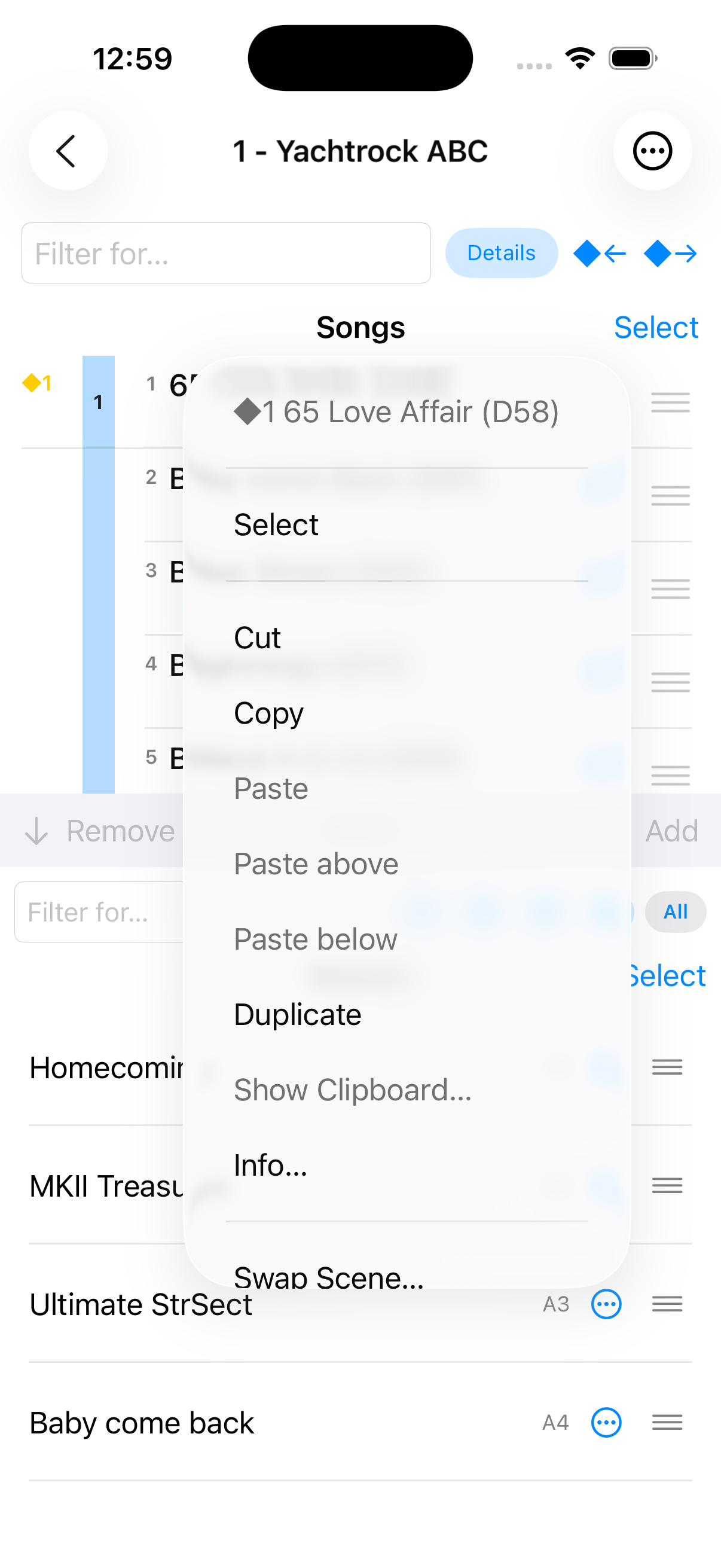Songs menu