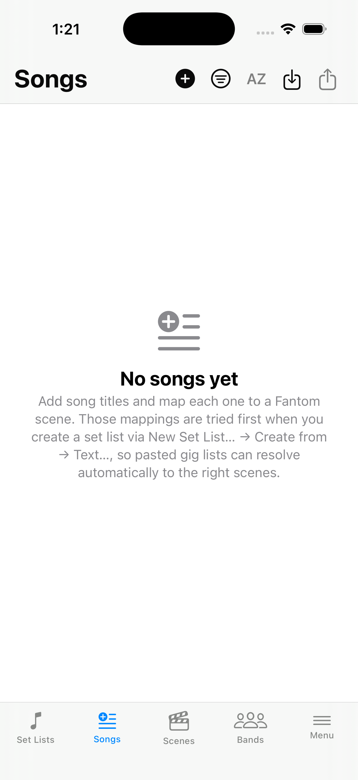 Songs tab — learned mappings